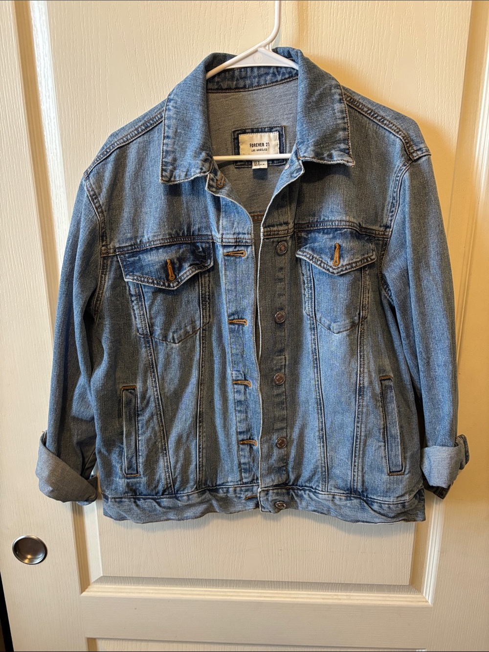 Forever 21 Oversized Awesome Medium Wash Blue Denim Jacket